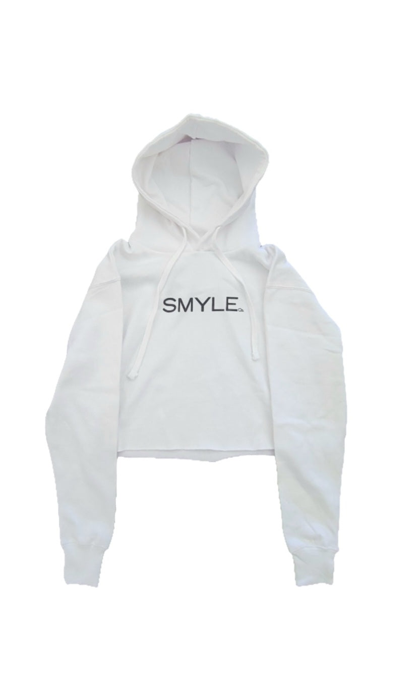 White crop top hoodie w/ Black Smyle logo